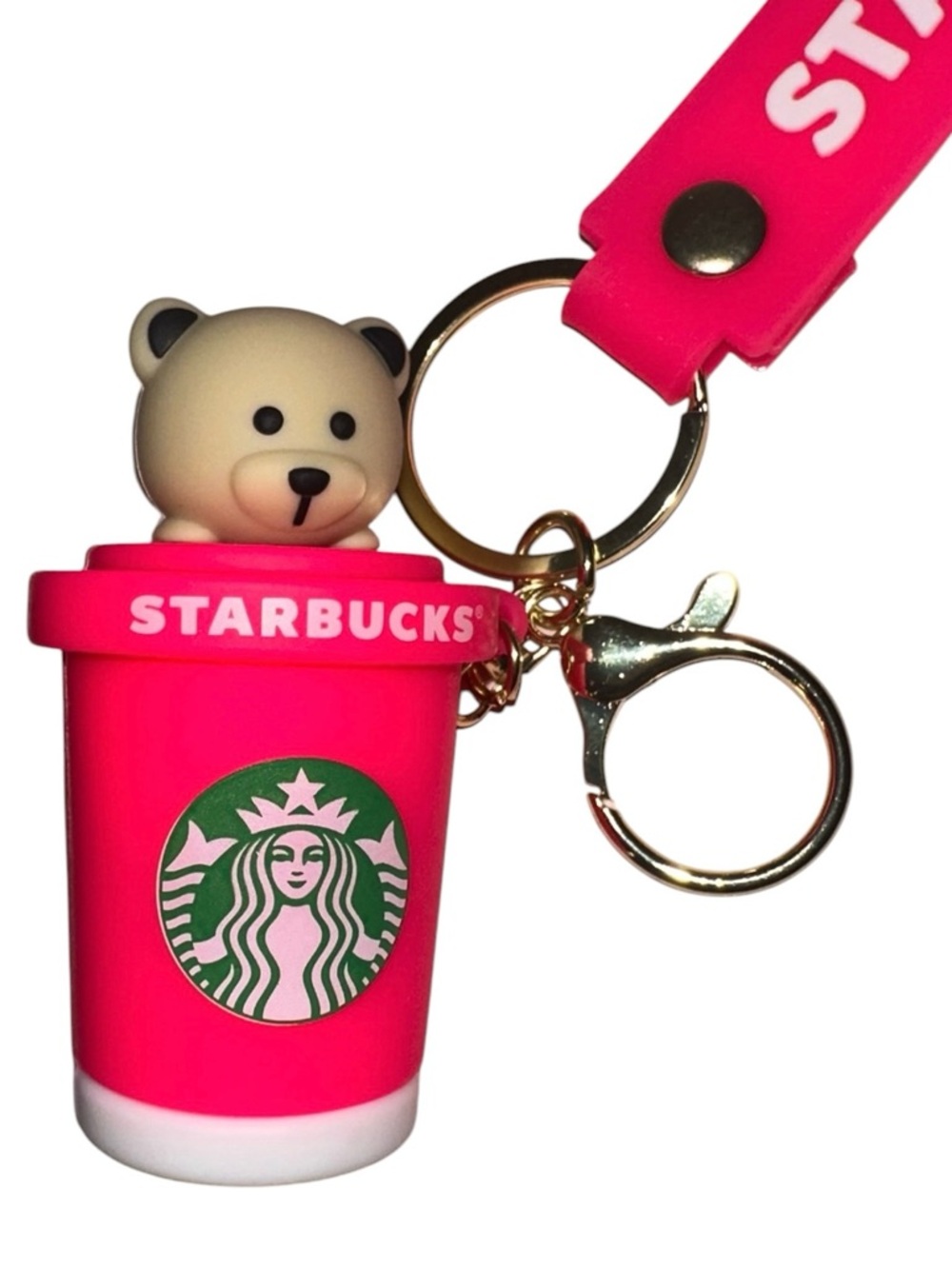 Starbucks Hot Pink Bear Cup Keychain with Gold Hardware